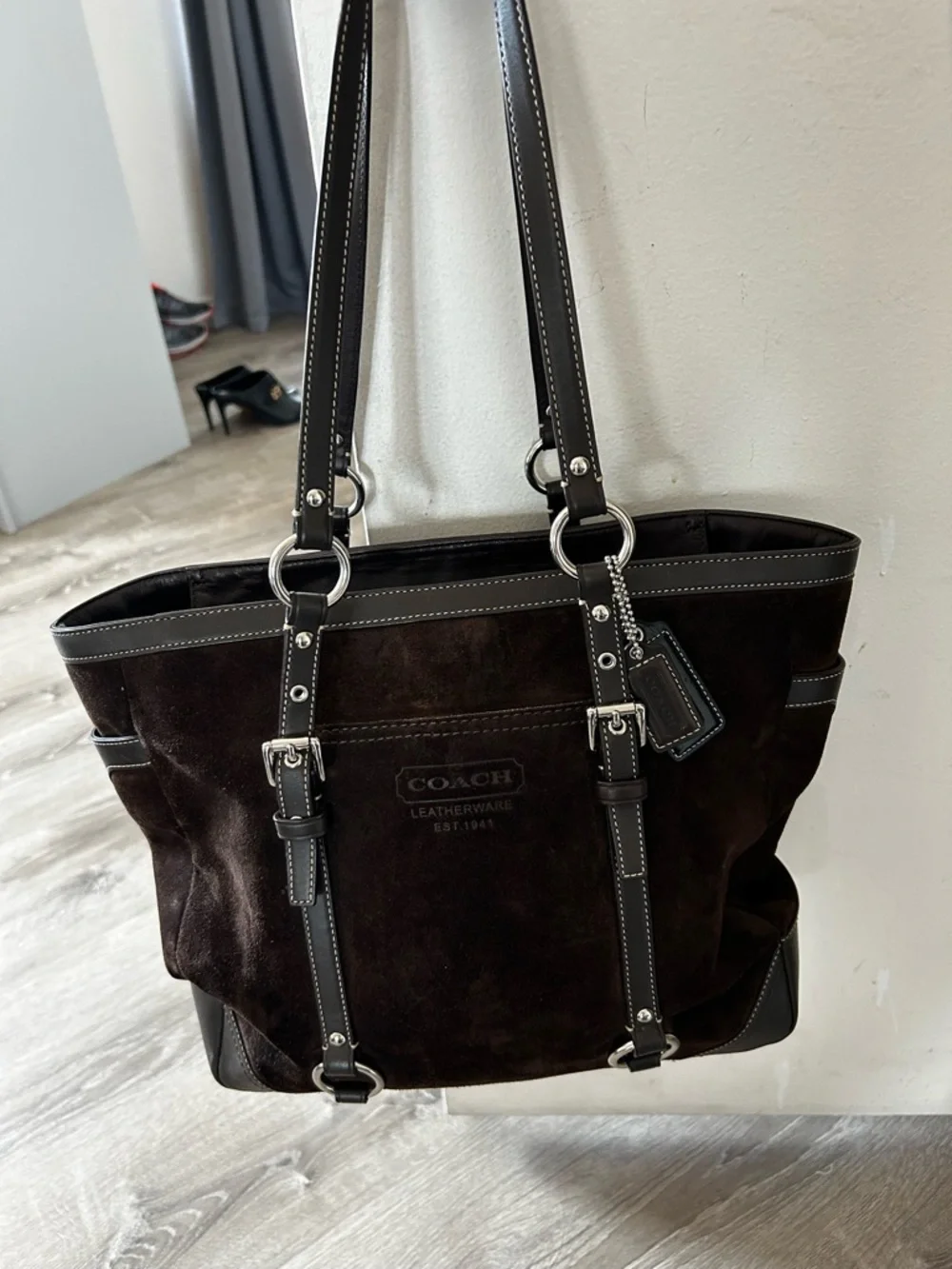 Coach Chocolate Brown Suede Tote with Leather Trim - Picture 2 of 14